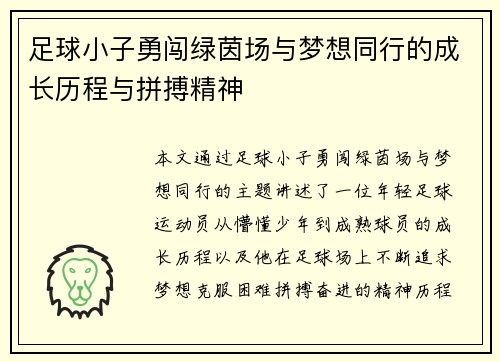 足球小子勇闯绿茵场与梦想同行的成长历程与拼搏精神